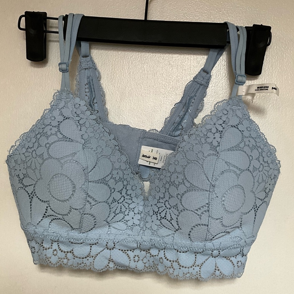 ✨AERIE Real Happy Wireless Lightly Lined Candy Lace Bra Blue Lion Size 34B